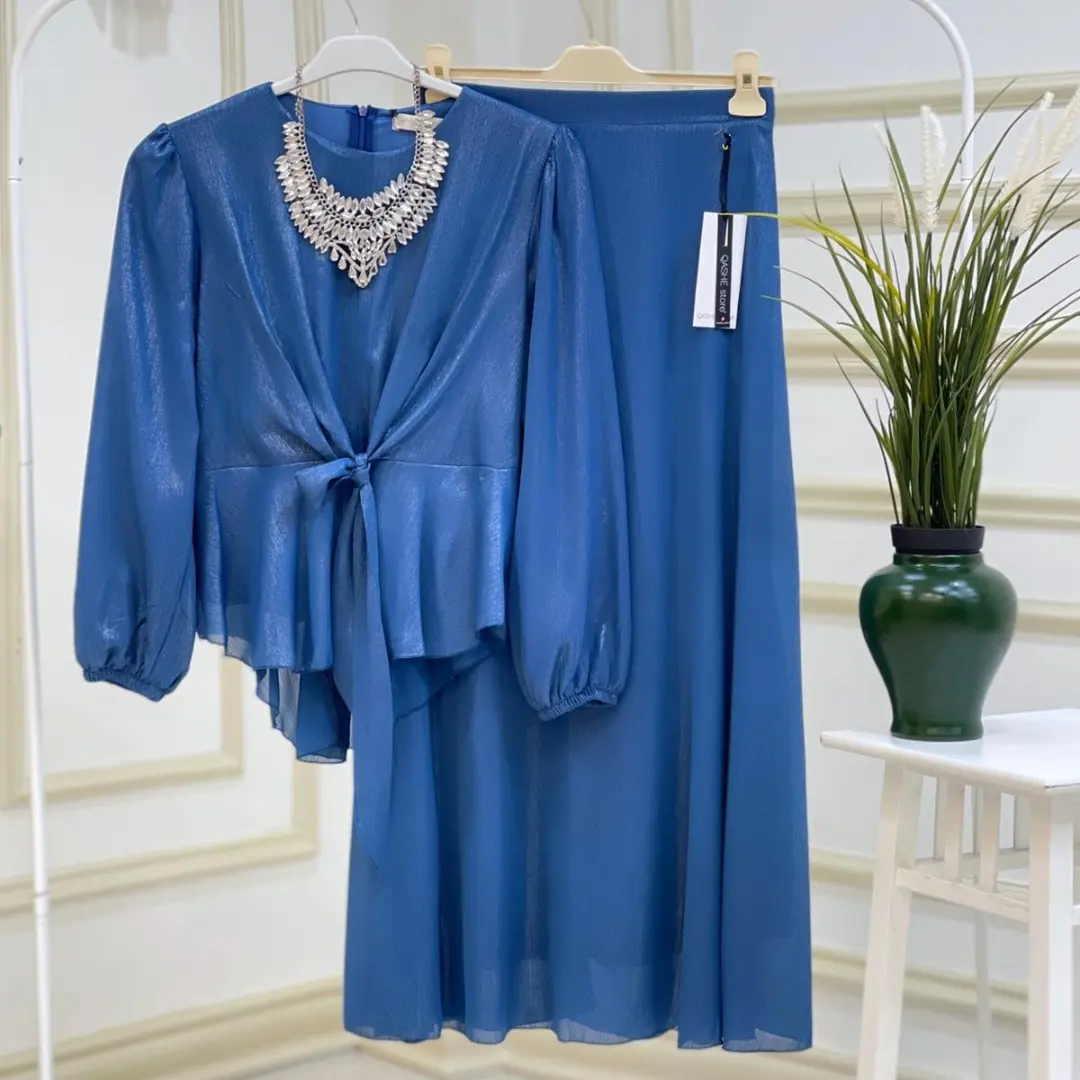 Bağlamalı bluz etek takım krep kumaş - Görsel 9