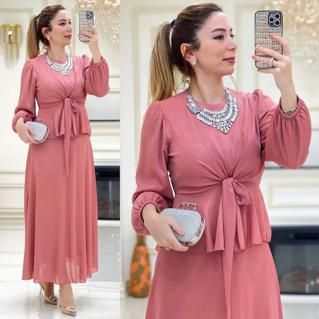 Bağlamalı bluz etek takım krep kumaş - Görsel 3