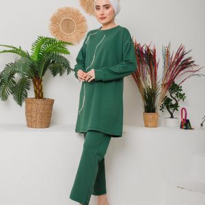 İnci işlemeli tunik takım krep kumaş