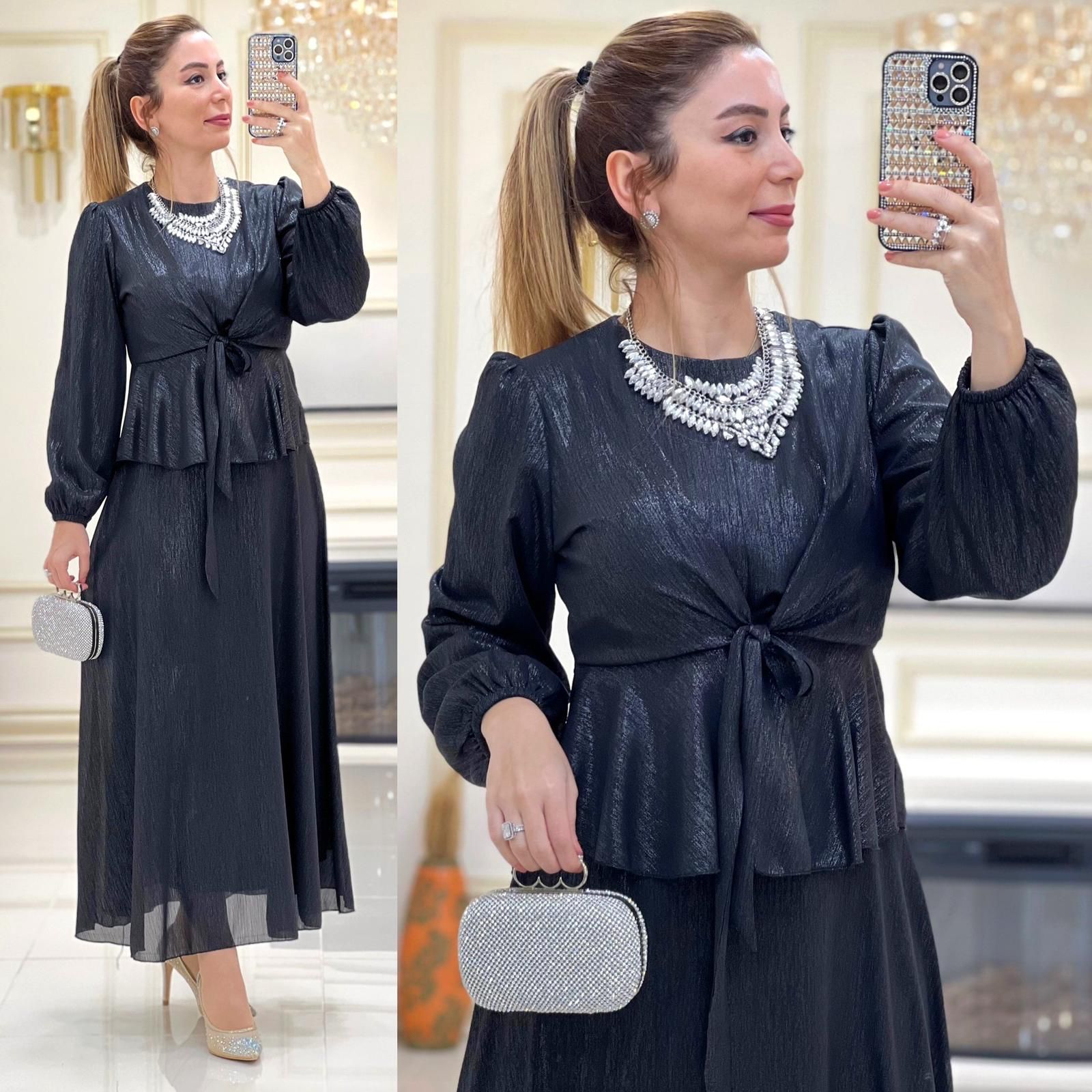 Bağlamalı bluz etek takım jakarlı krep kumaş - Görsel 10