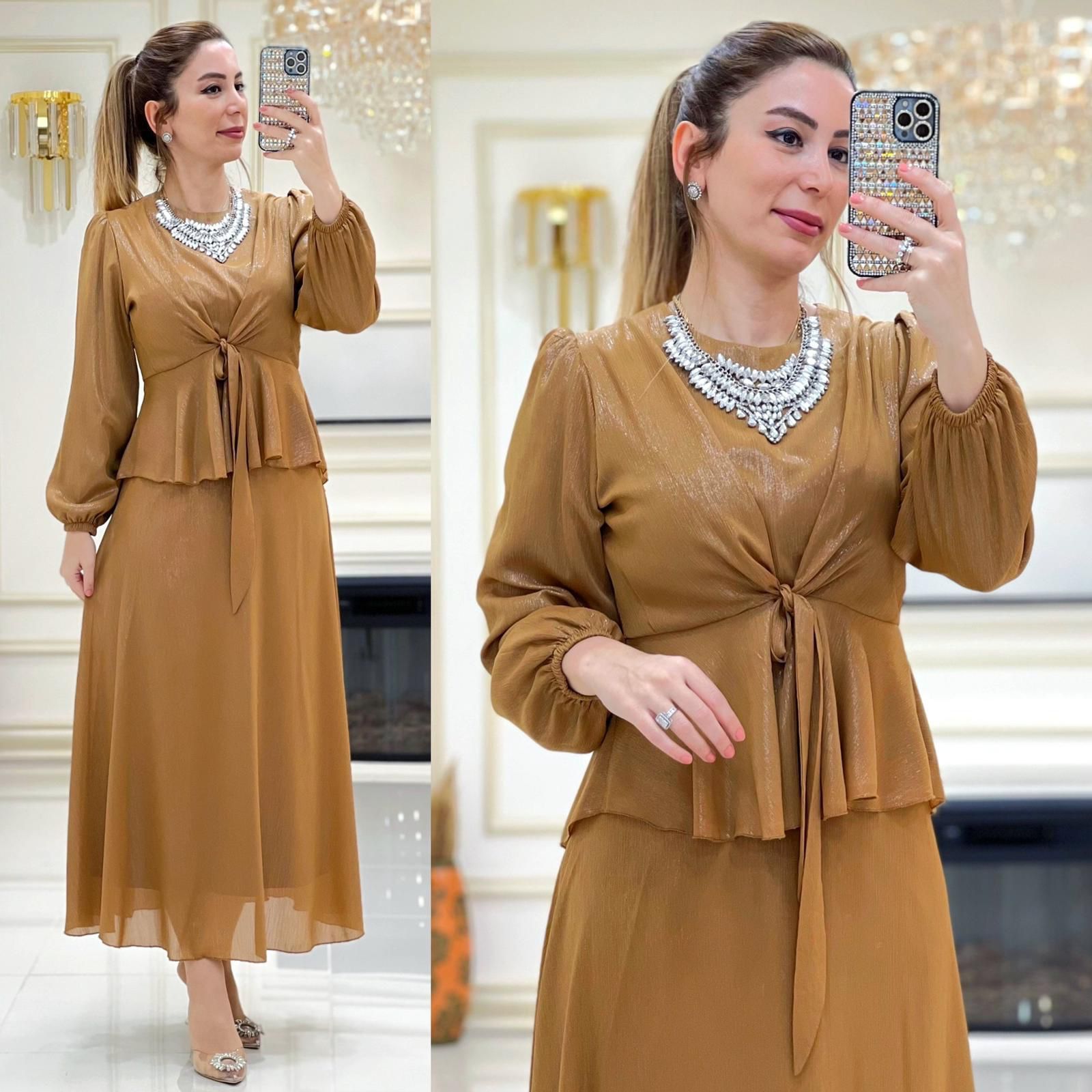 Bağlamalı bluz etek takım jakarlı krep kumaş - Görsel 8