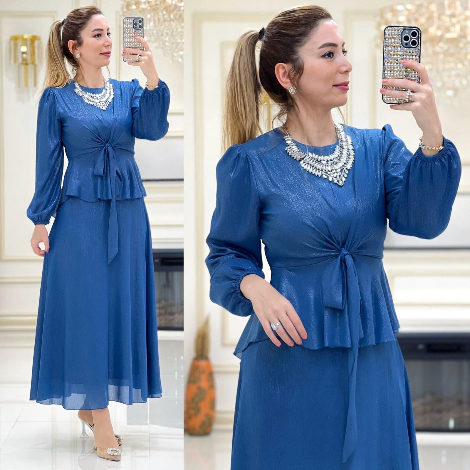 Bağlamalı bluz etek takım jakarlı krep kumaş - Görsel 7