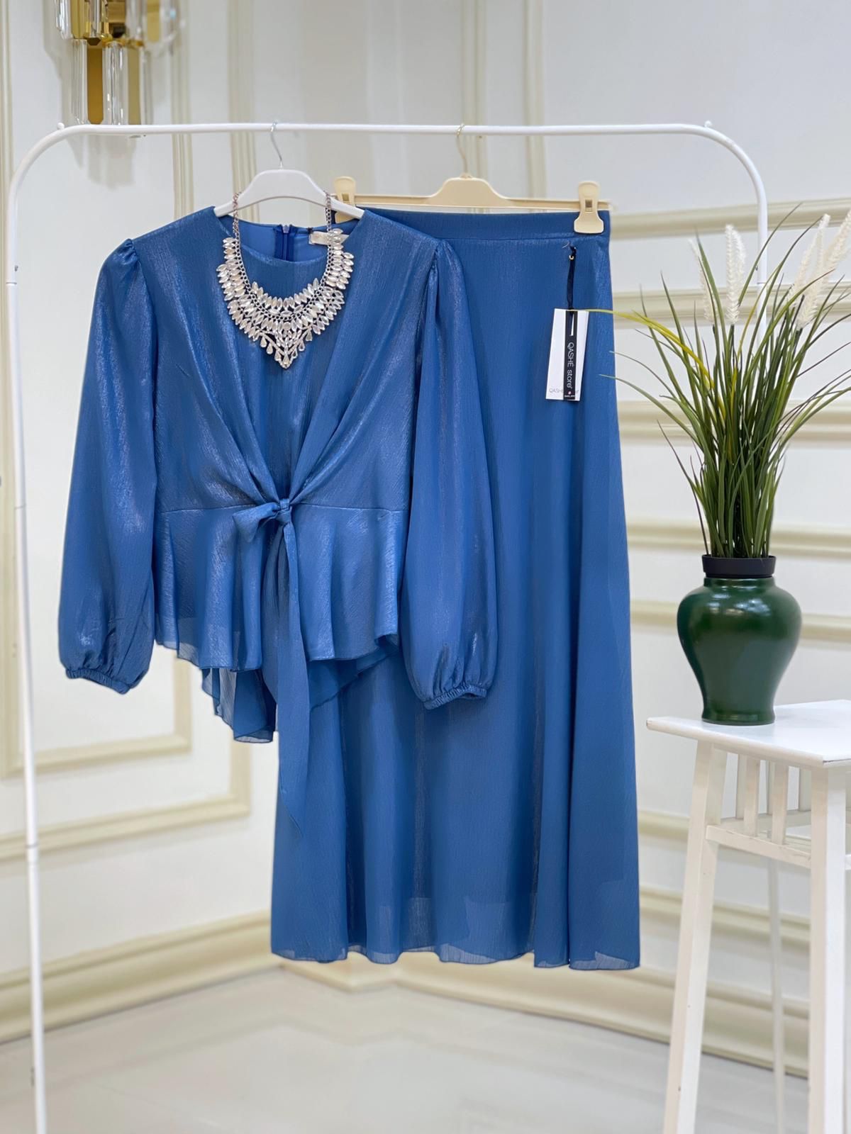 Bağlamalı bluz etek takım jakarlı krep kumaş - Görsel 5