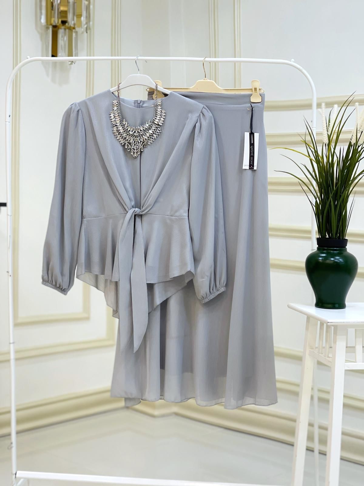 Bağlamalı bluz etek takım jakarlı krep kumaş - Görsel 4