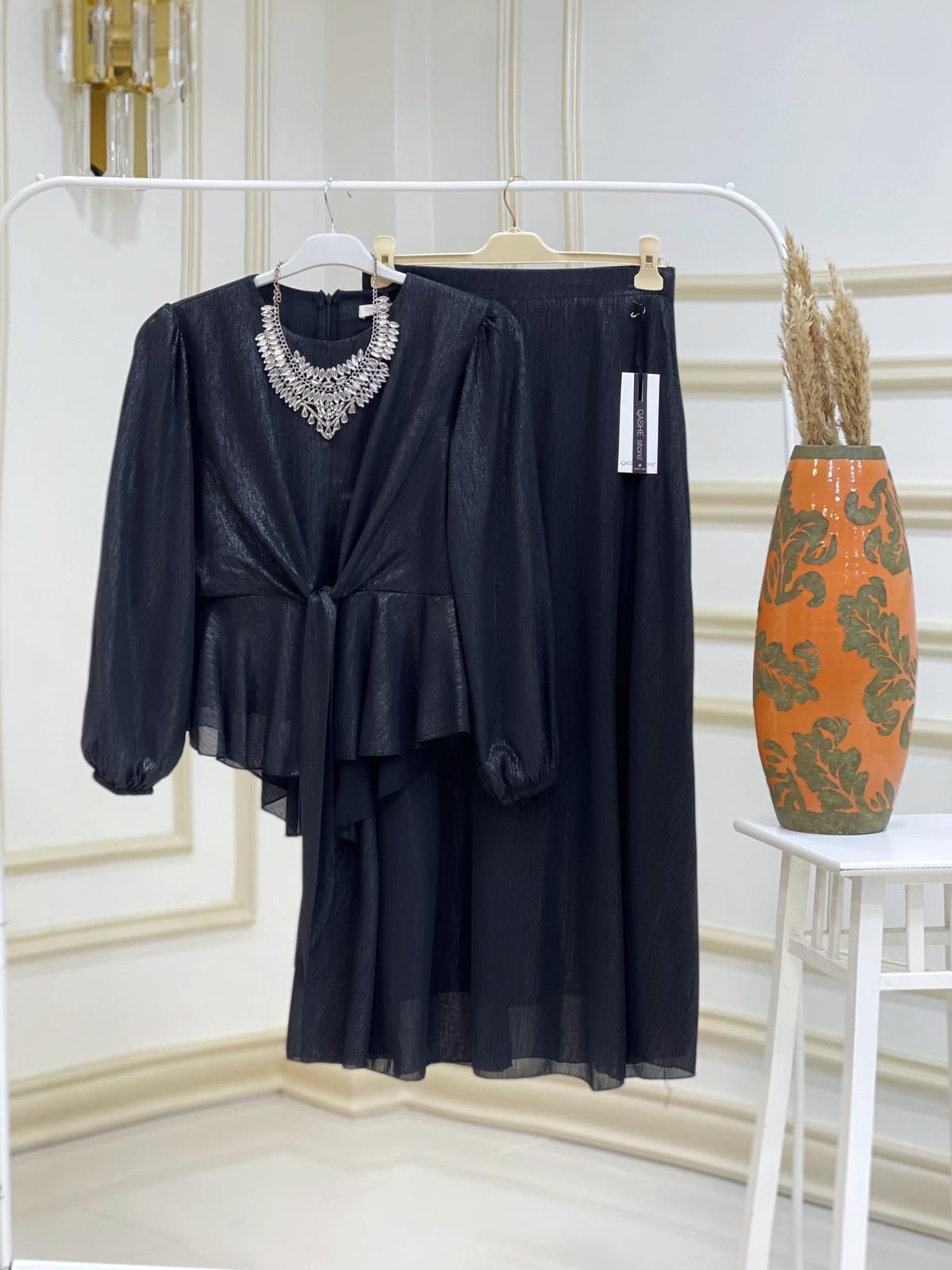 Bağlamalı bluz etek takım jakarlı krep kumaş - Görsel 2