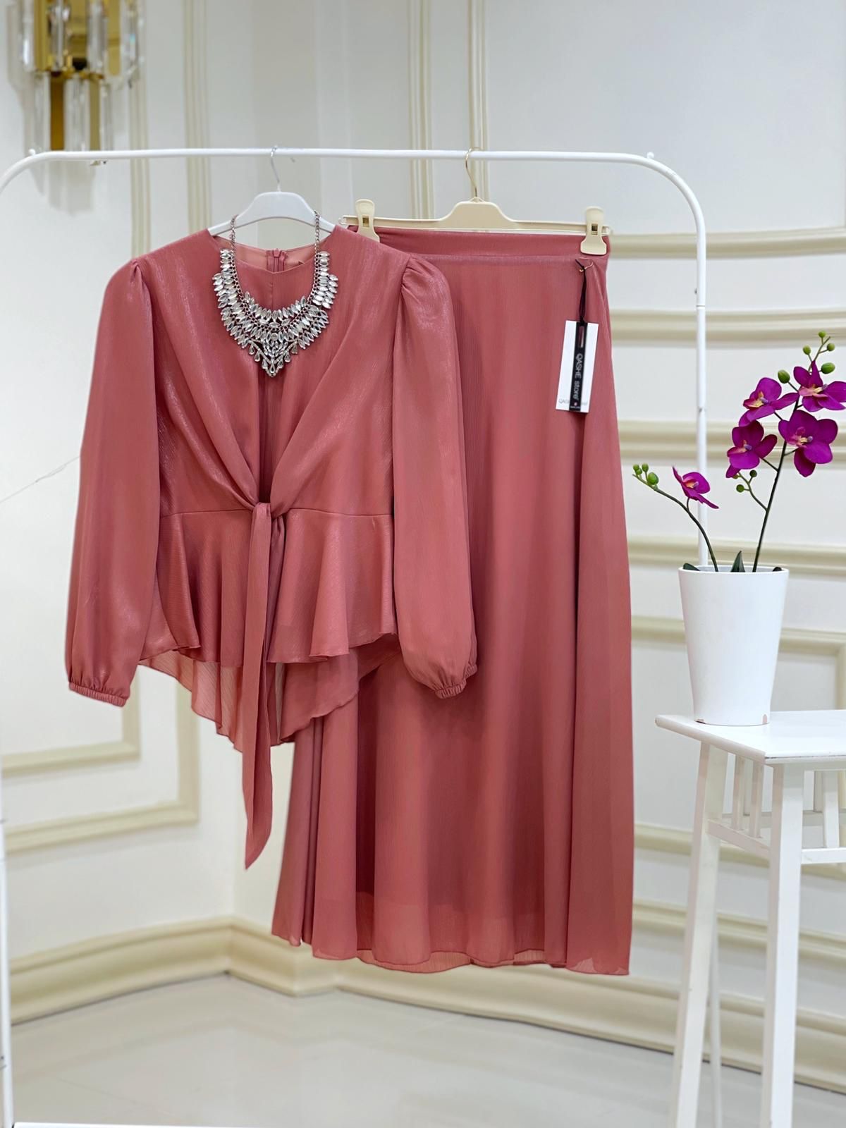 Bağlamalı bluz etek takım jakarlı krep kumaş - Görsel 3