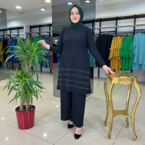 Taş detaylı sand kumaş tunik takım