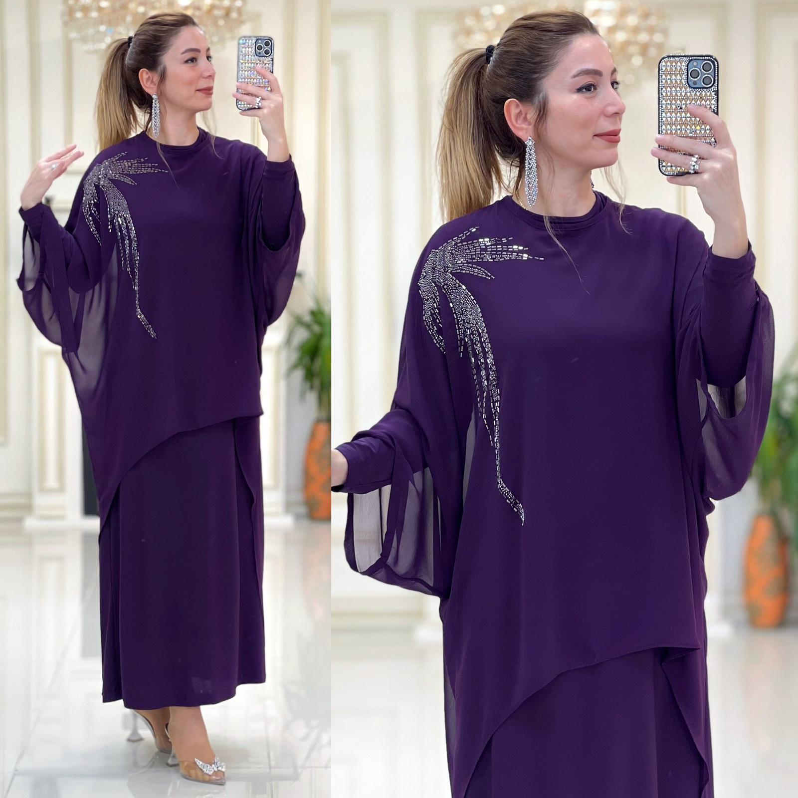 Şifon detaylı prelinli elbise sandy kumaş - Görsel 3