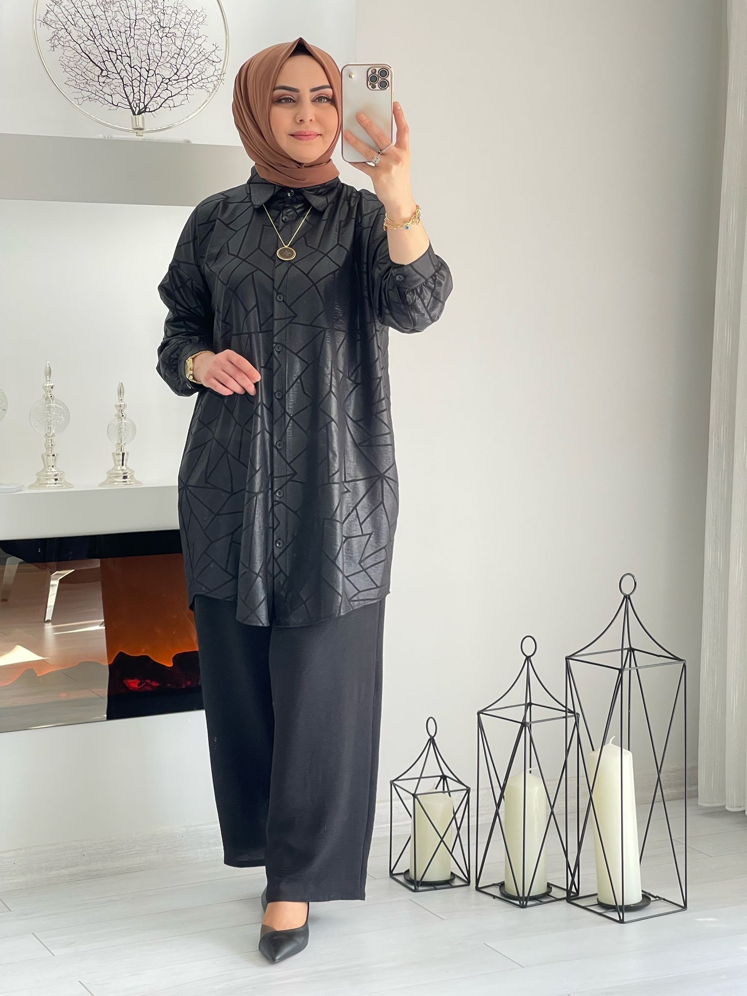 Düğmeli ayrobin kumaş tunik takım - Görsel 10