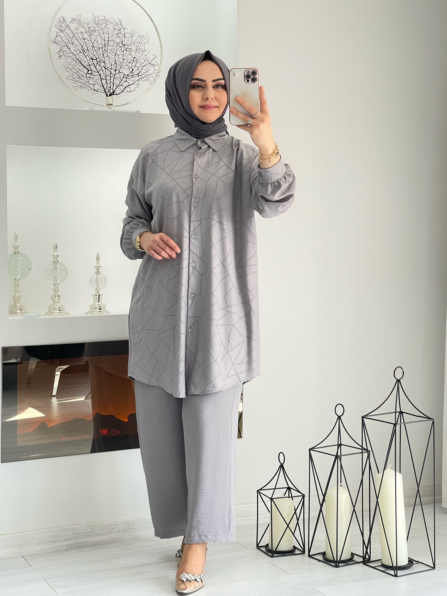 Düğmeli ayrobin kumaş tunik takım - Görsel 9