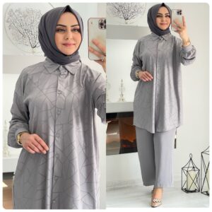 Düğmeli ayrobin kumaş tunik takım