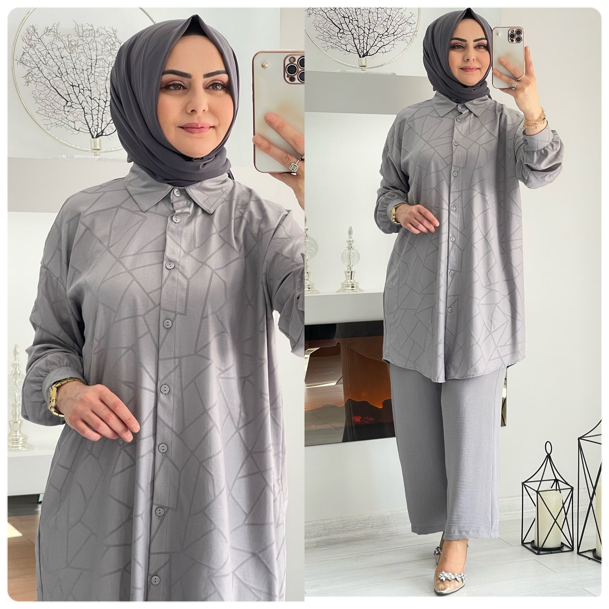 Düğmeli ayrobin kumaş tunik takım