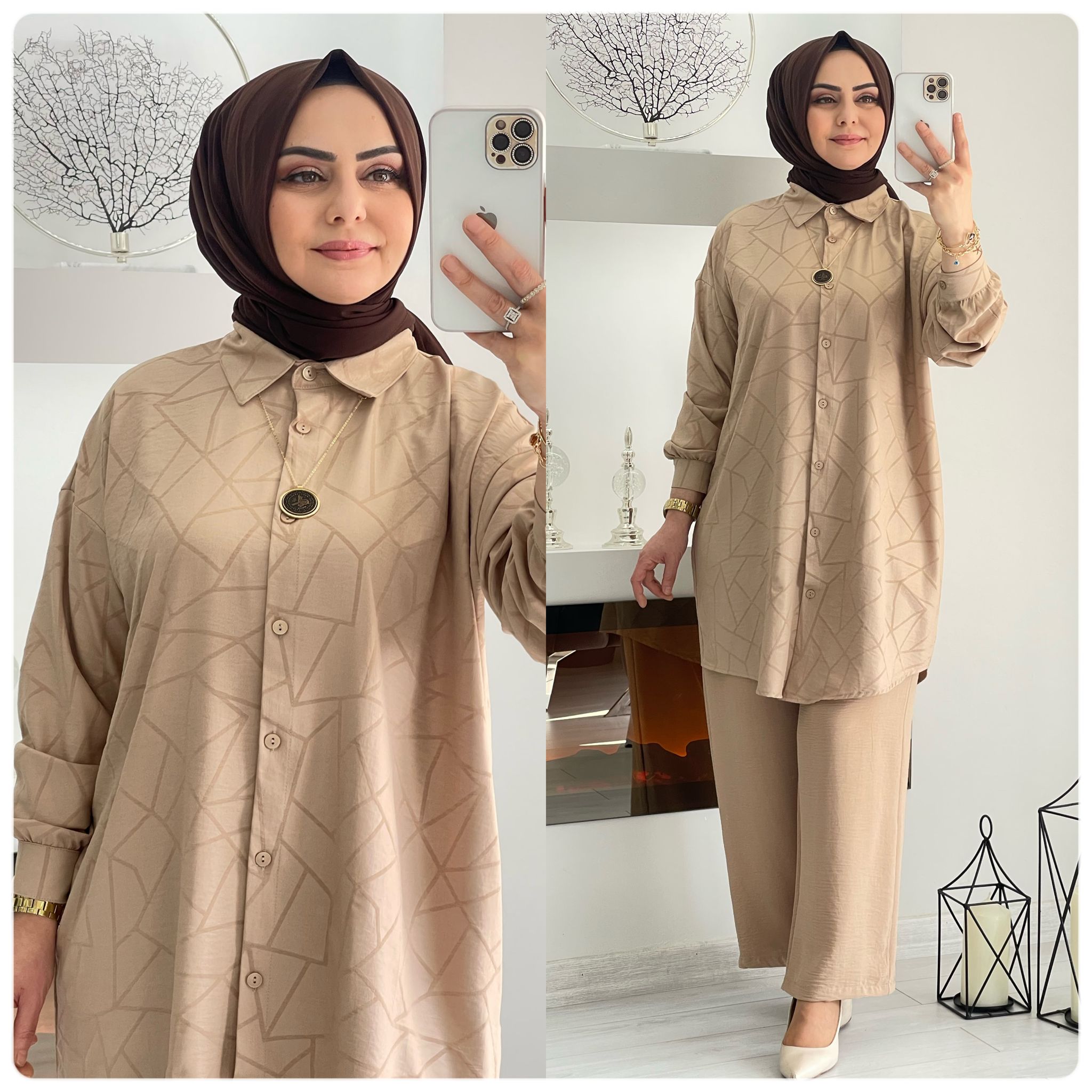 Düğmeli ayrobin kumaş tunik takım - Görsel 6