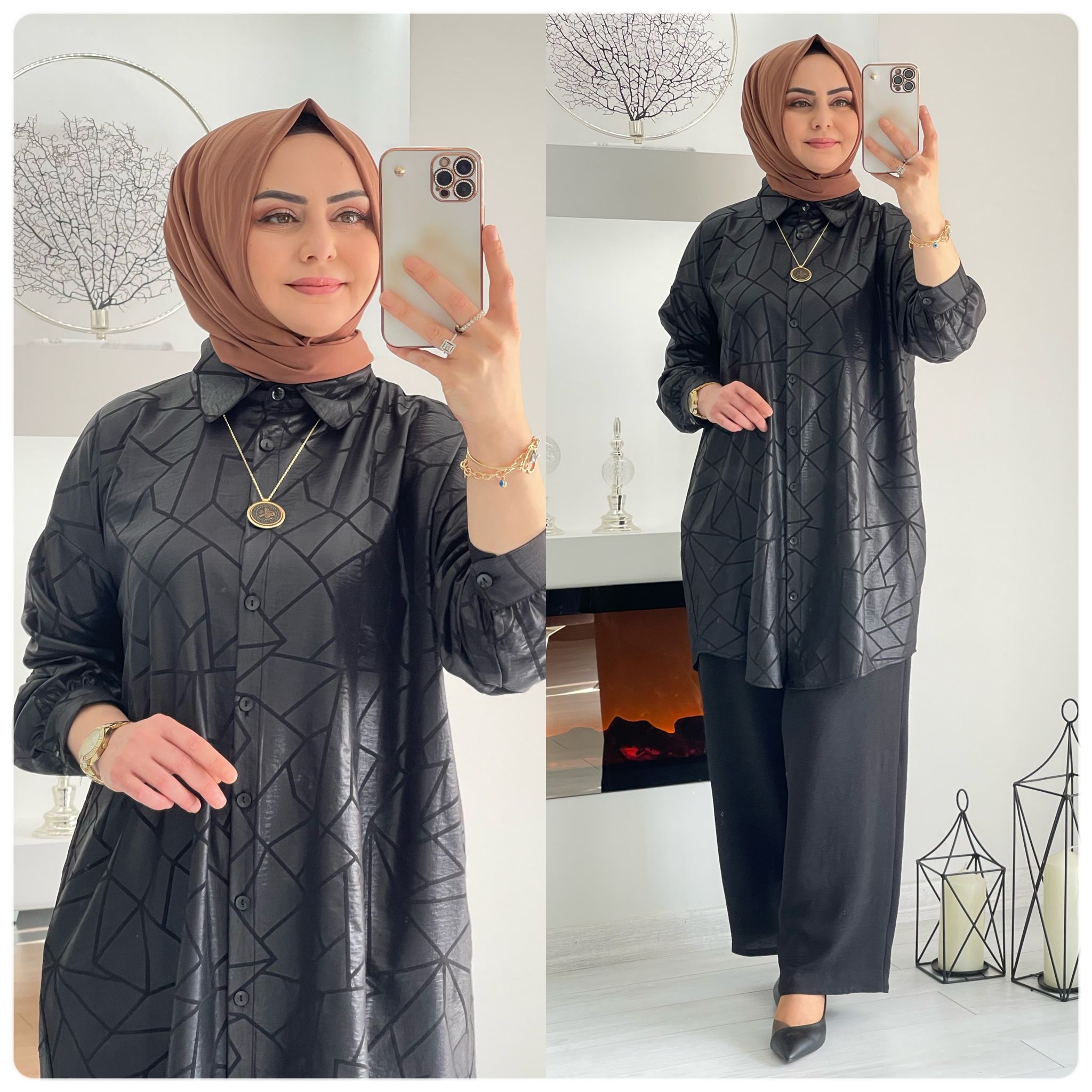 Düğmeli ayrobin kumaş tunik takım - Görsel 2
