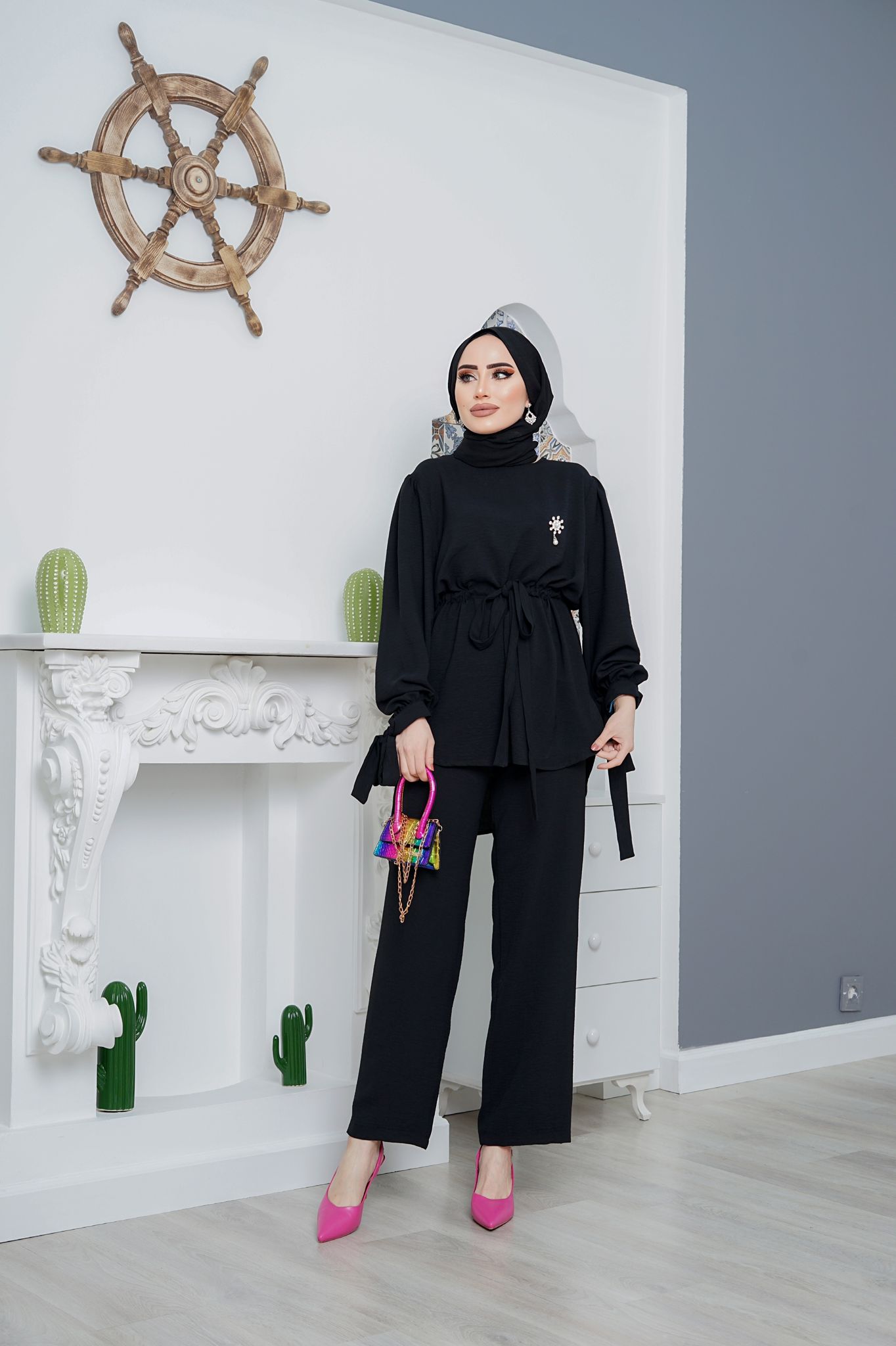 Ayrobin belden kuşaklı tunik takım - Görsel 23