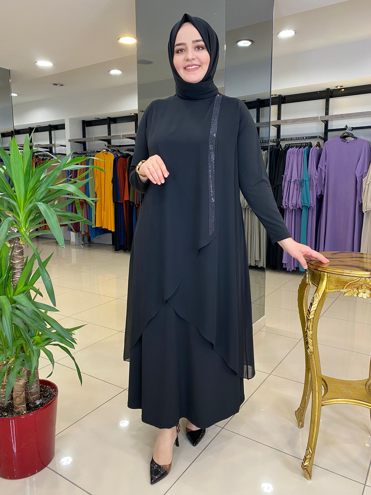 Taşlı şifon detaylı sandy kumaş abiye - Görsel 2