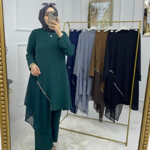 Şifon detaylı tunik pantolon takım