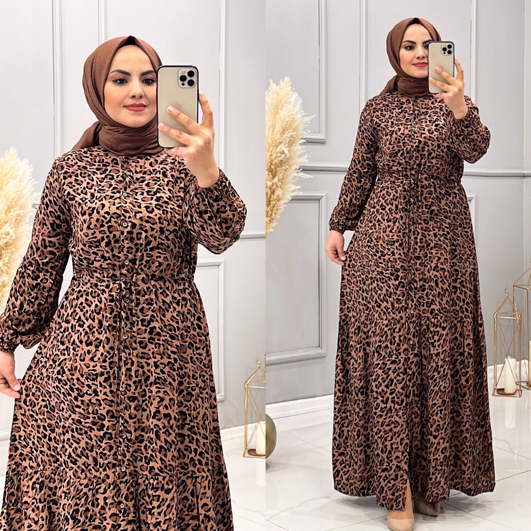 Büyük beden leopar elbise düğmeli