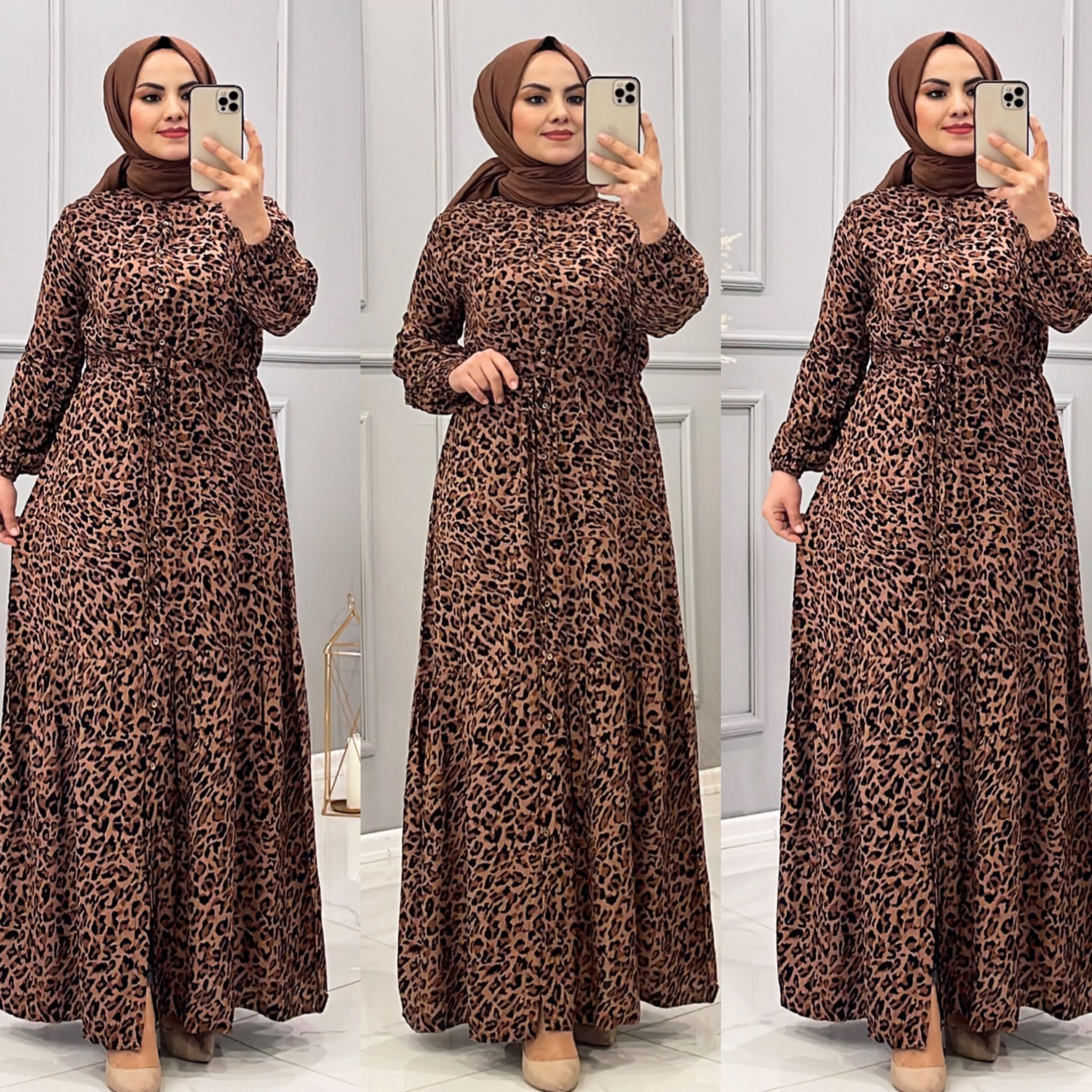 Büyük beden leopar elbise düğmeli - Görsel 2