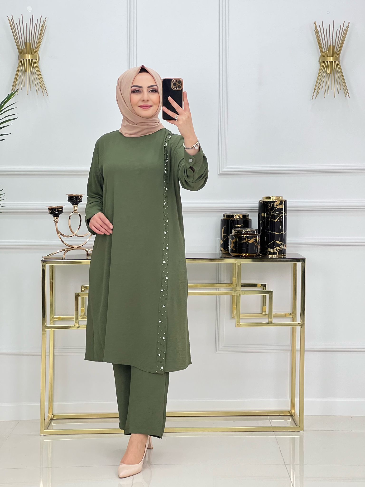 İnci detaylı tunik pantolon takım - Görsel 10