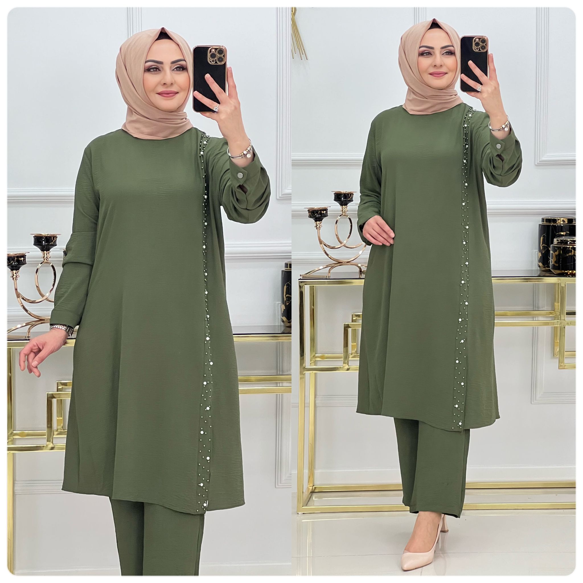 İnci detaylı tunik pantolon takım - Görsel 8