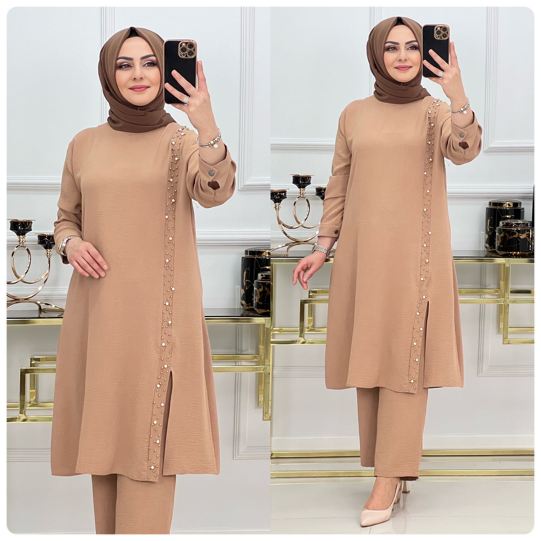 İnci detaylı tunik pantolon takım - Görsel 6