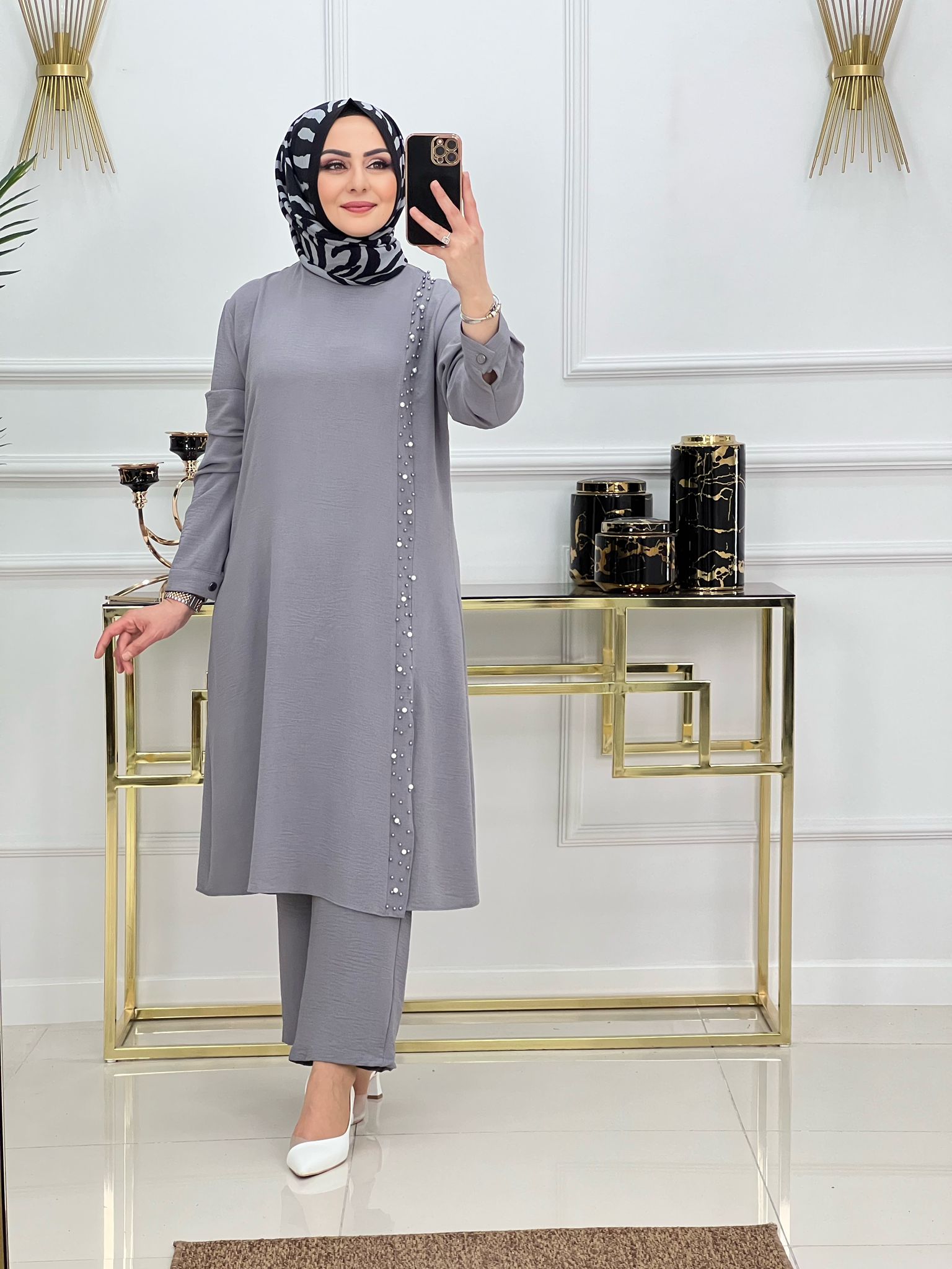 İnci detaylı tunik pantolon takım - Görsel 4