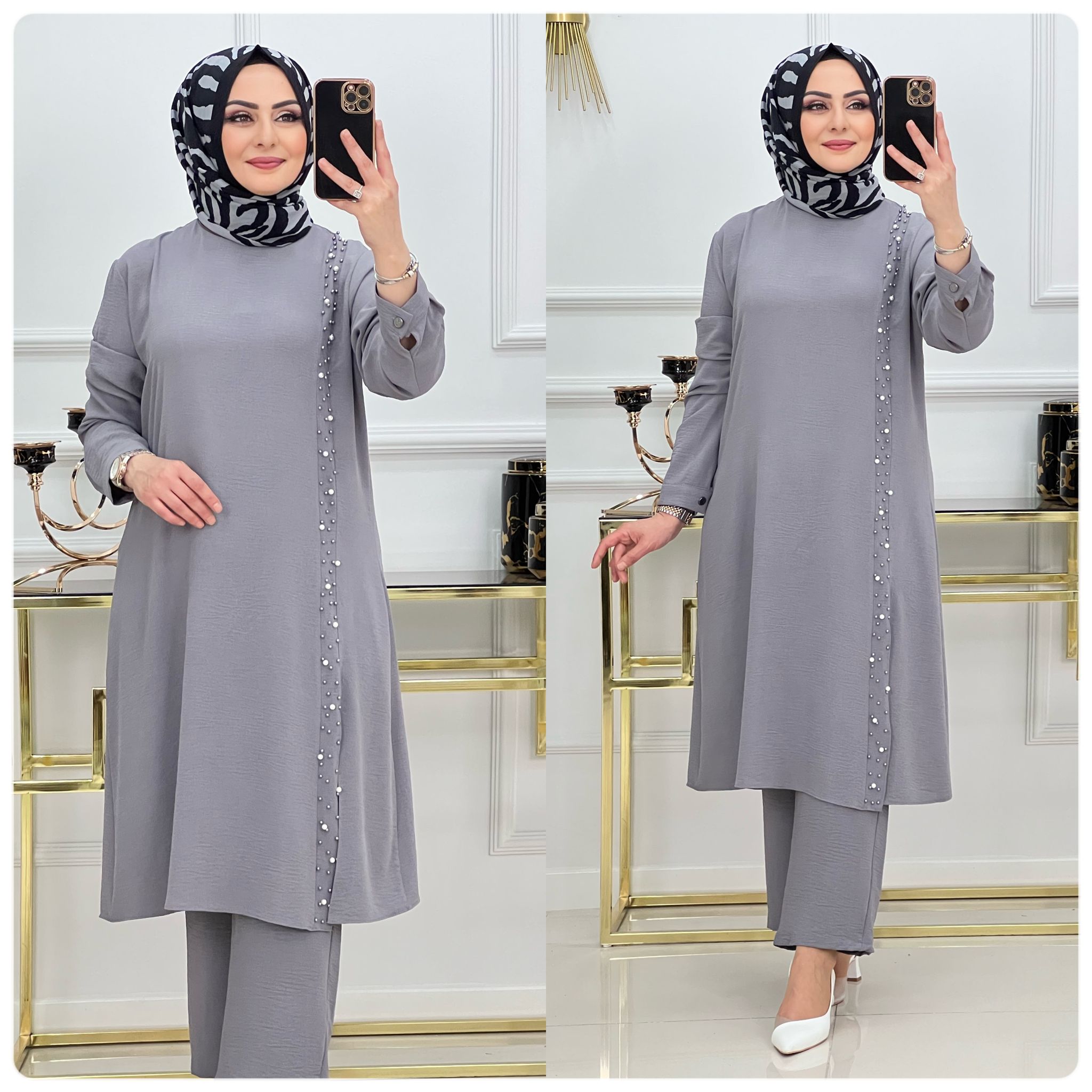 İnci detaylı tunik pantolon takım - Görsel 3