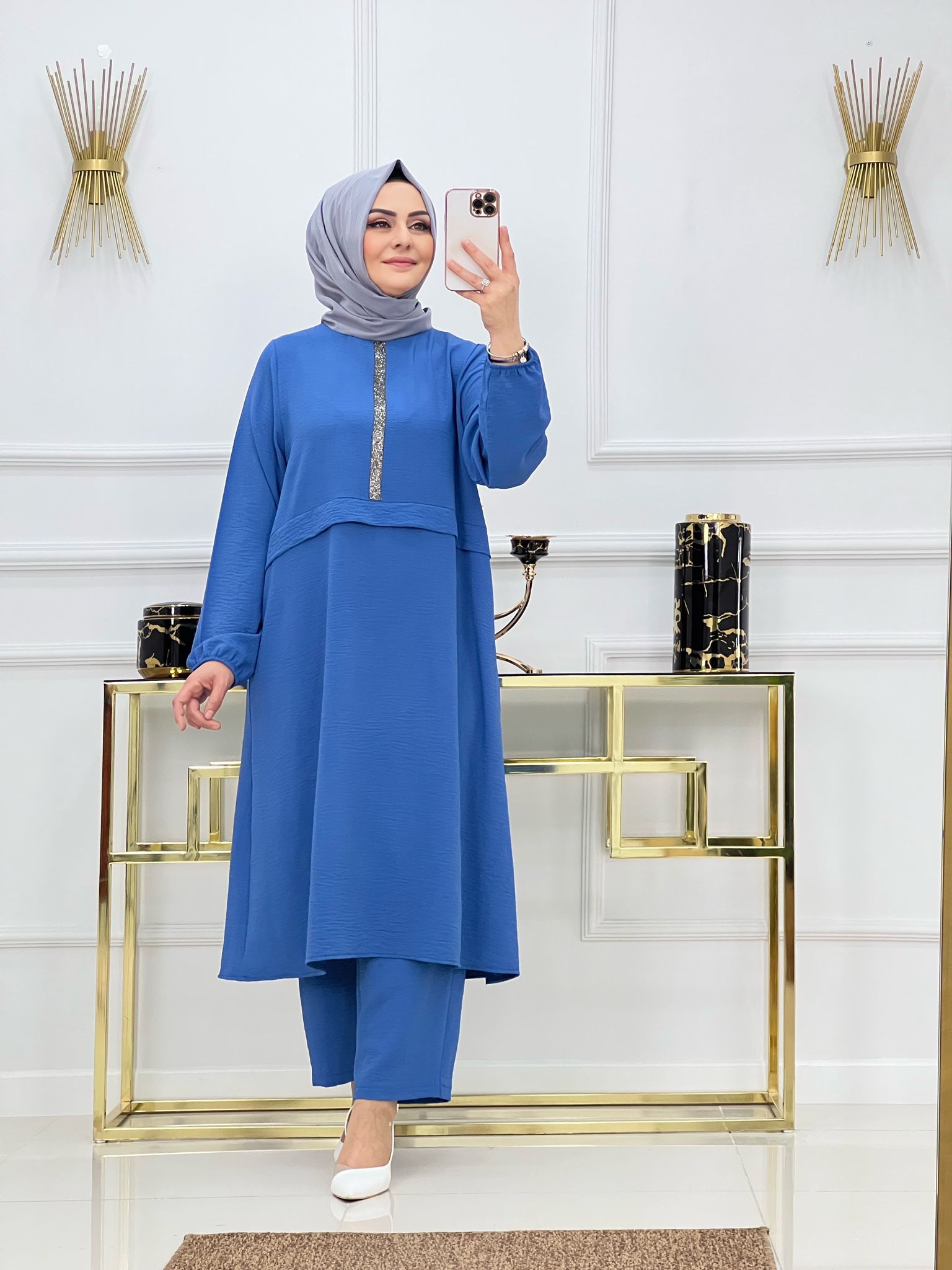 Payet detaylı ayrobin kumaş tunik takım - Görsel 5