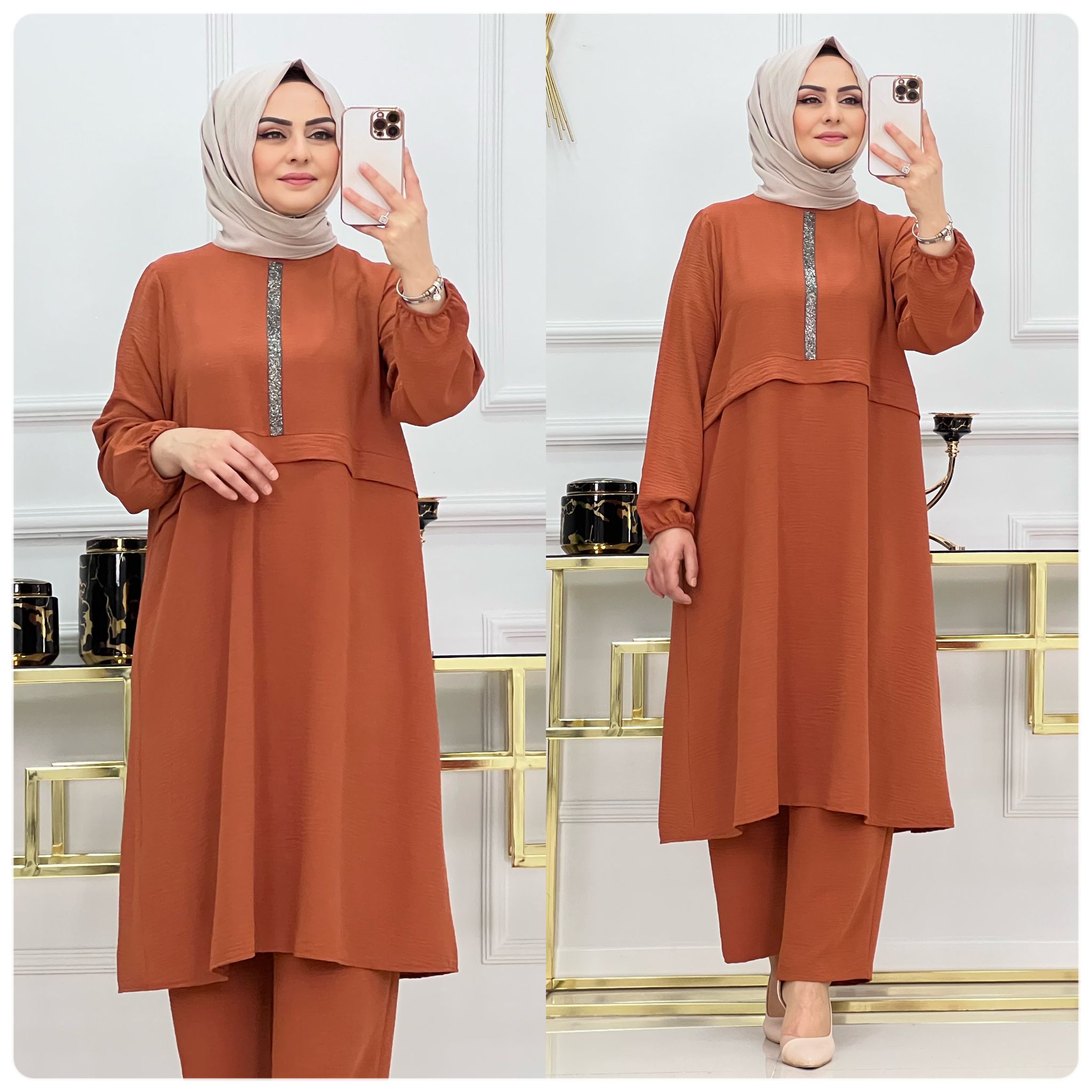 Payet detaylı ayrobin kumaş tunik takım - Görsel 4