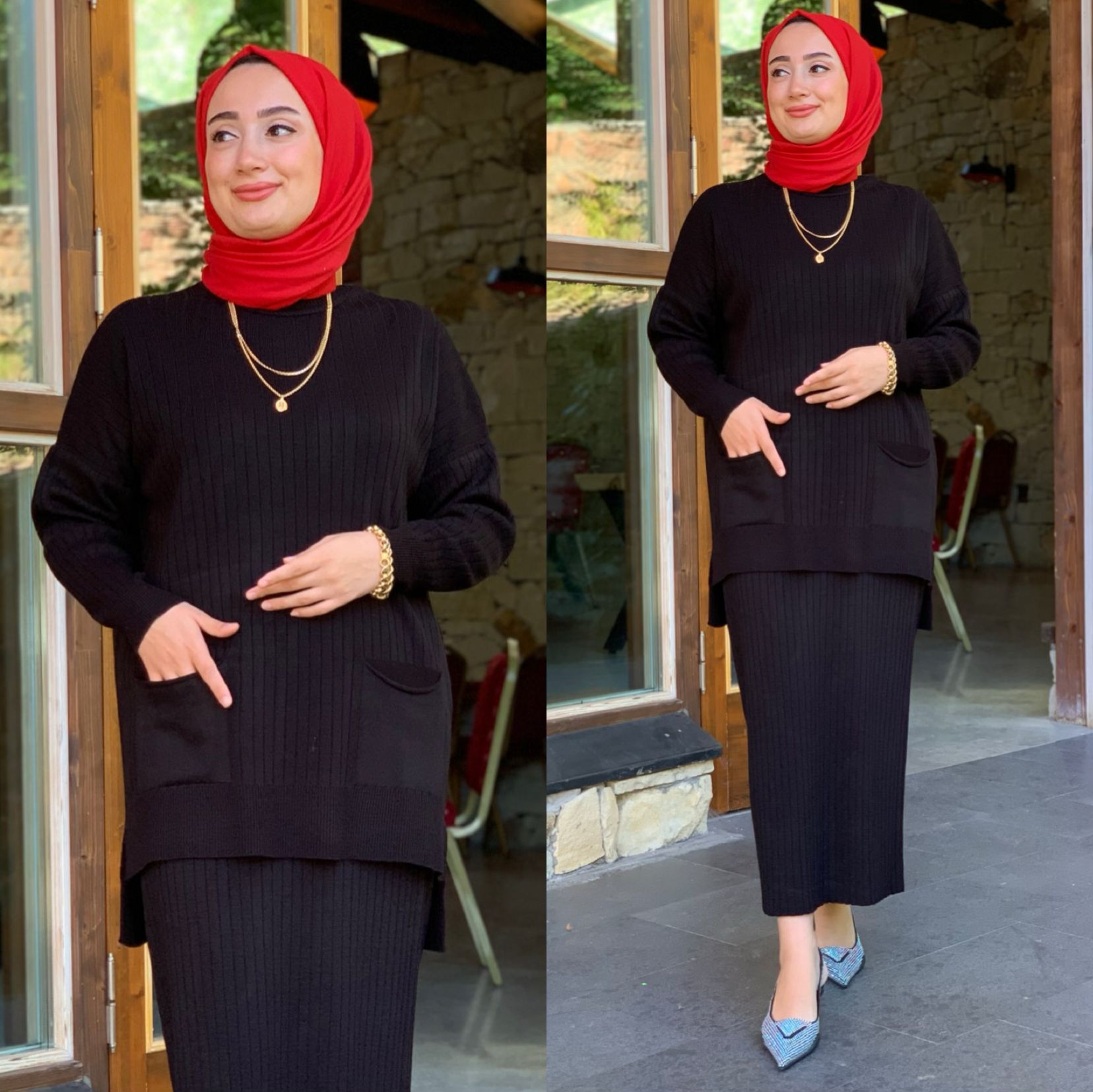 Etekli tunik takım triko kumaş - Görsel 6