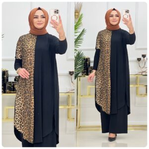 Leopar tunik takım  sandy kumaş