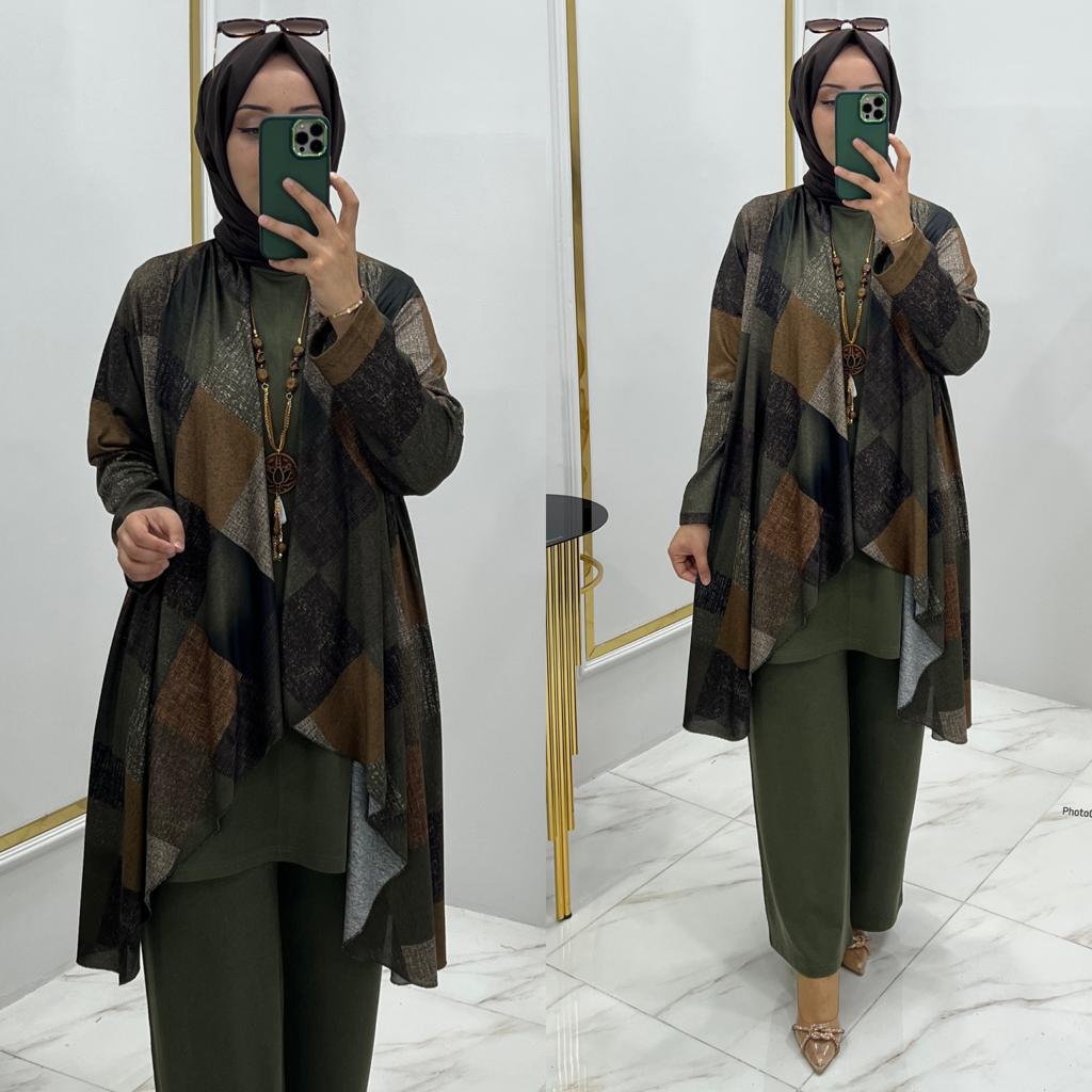 Kareli tunik takım triko kumaş - Görsel 9