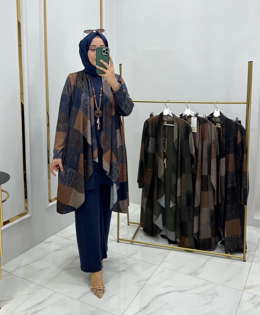 Kareli tunik takım triko kumaş - Görsel 6