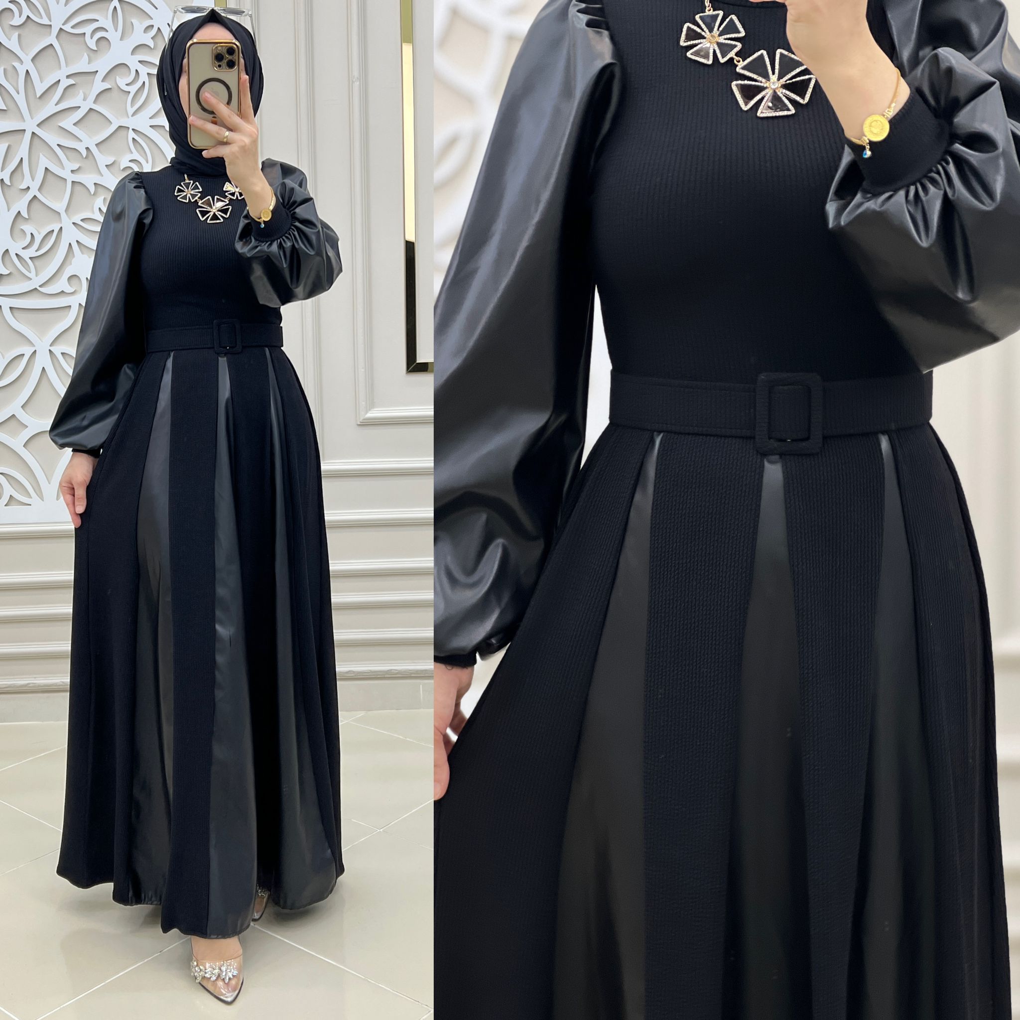 Serra deri kumaş elbise - Görsel 9