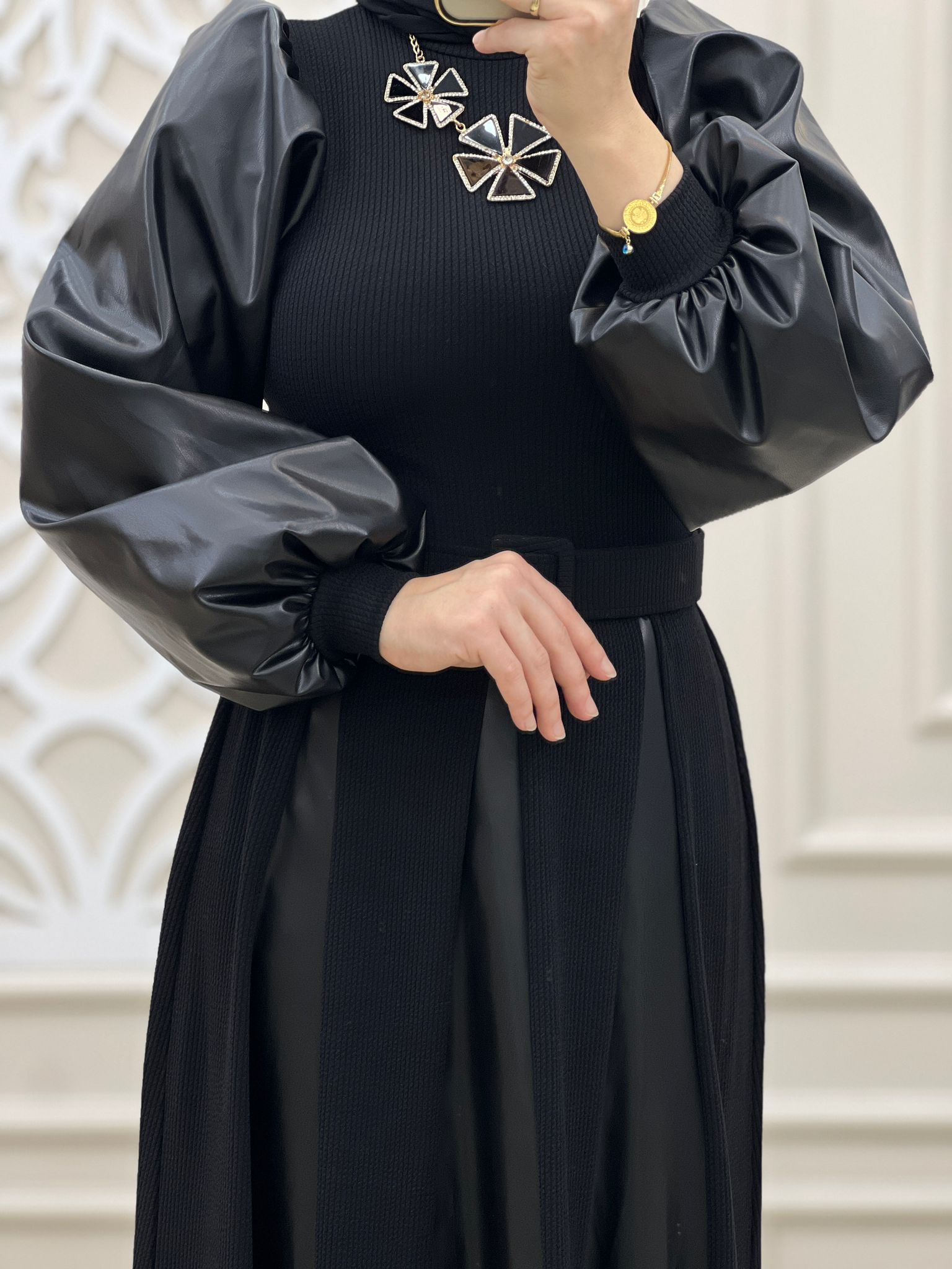 Serra deri kumaş elbise - Görsel 4