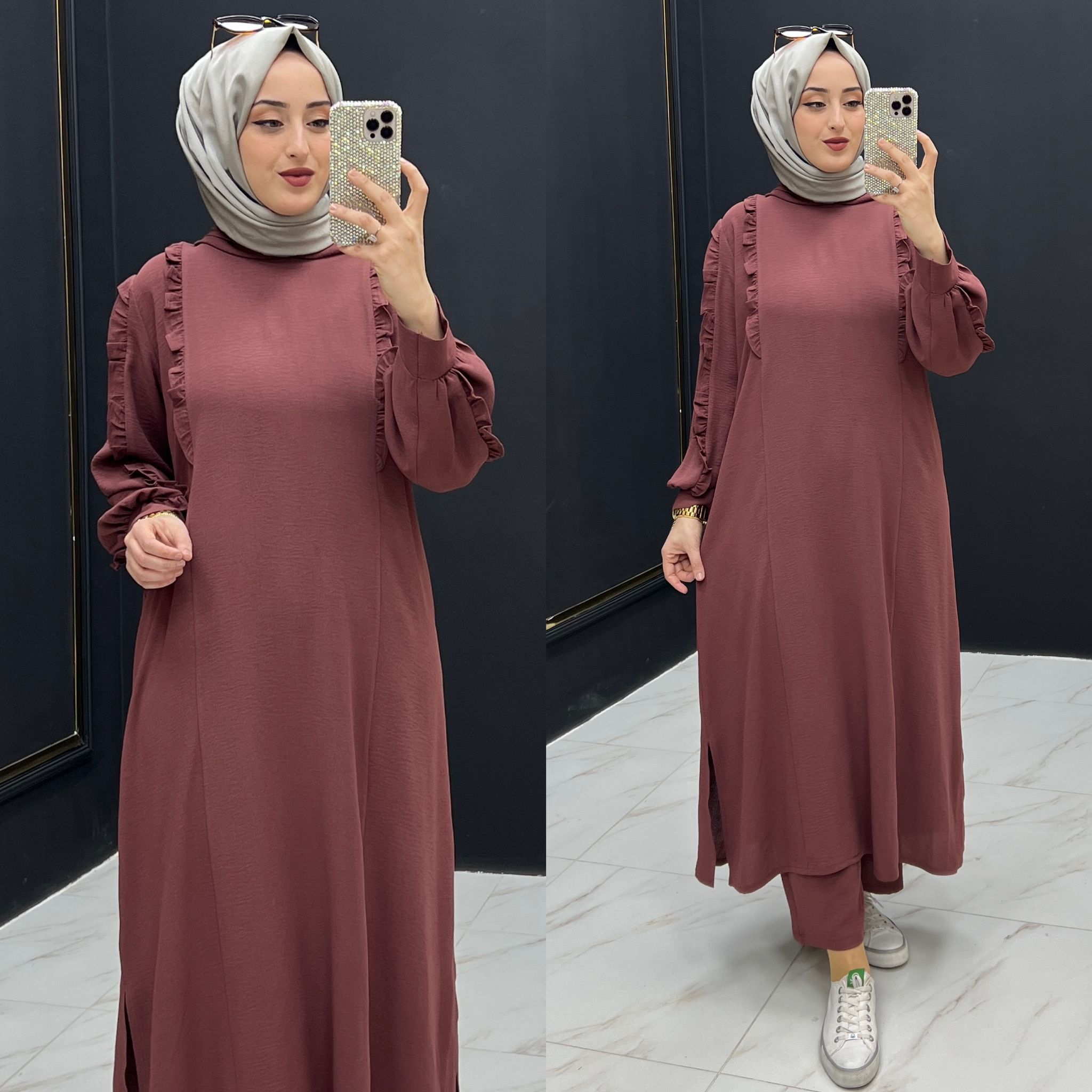 Ebru tunik takım ayrobin kumaş
