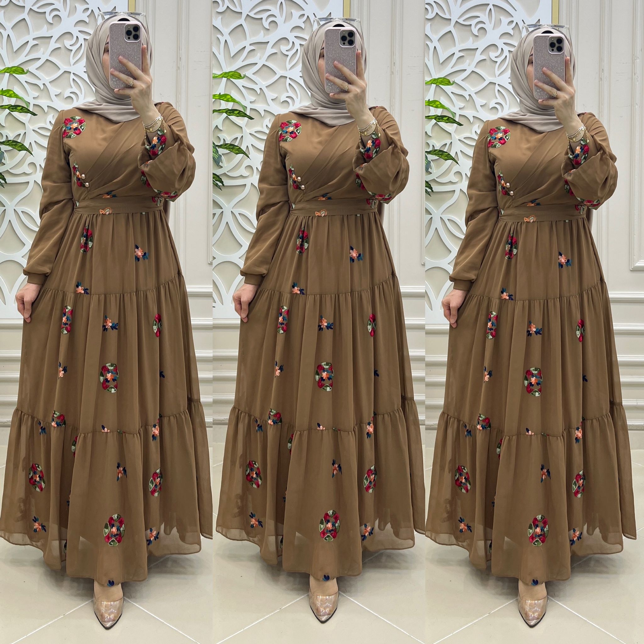 Nakış şifon kumaş elbise - Görsel 5