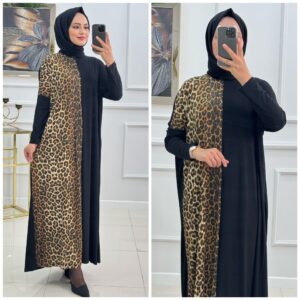 Hale leopar elbise sandy kumaş